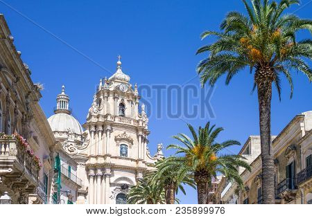 Italy, Sicily, Ragusa, Ibla District,  Duomo Sqyare, The Facade Of The Baroque Style St. Giorgio Cat
