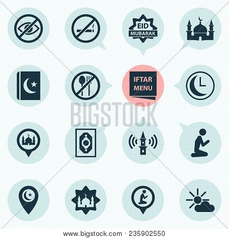 Ramadan Icons Set With Lower Your Eyes, Religion, Asr And Other Cigarette Forbidden Elements. Isolat