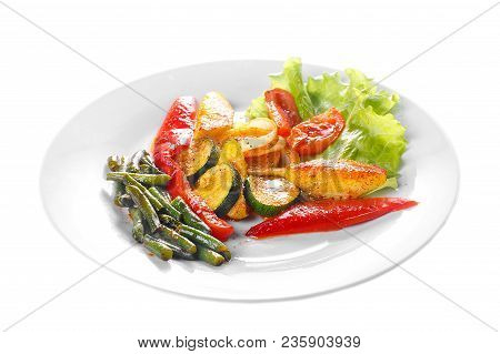 Vegetables Grilled Portion Of Side Dish On A Plate On White Isolated Background Side View. Appetizin