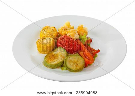 Vegetables Grilled Portion Of Side Dish On A Plate On White Isolated Background Side View. Appetizin