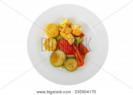 Vegetables Grilled Portion Of Side Dish On A Plate On White Isolated Background View From Above. App
