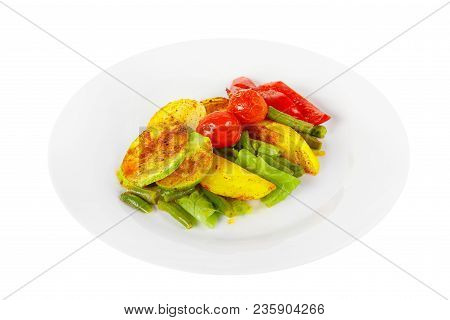 Vegetables Grilled Portion Of Side Dish On A Plate On White Isolated Background Side View. Appetizin