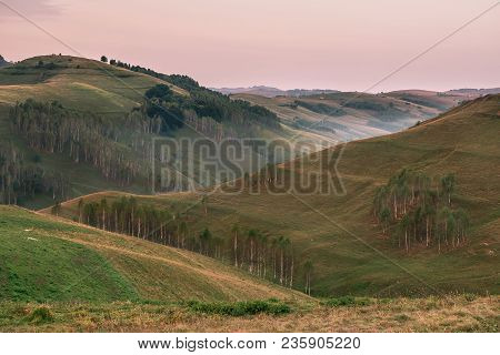 Beautiful Mountain Landscape Of A Foggy Morning With Trees On Hills, Dumesti, Salciua, Apuseni, Roma