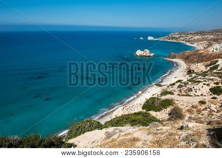 Petra Tou Roumiou, Aphrodite's Rock. Rocky Coastline On The Mediterranean Sea In Cyprus.