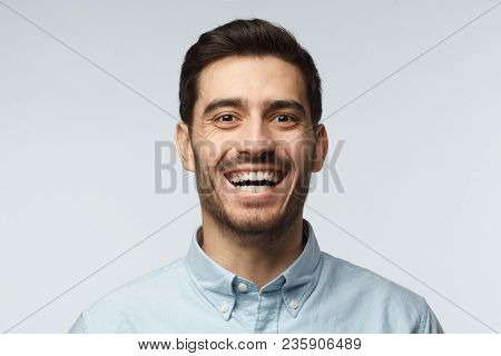 Joyful Modern Optimistic Business Man Smiles Broadly, Shows White Perfect Teeth. Positive Emotions, 