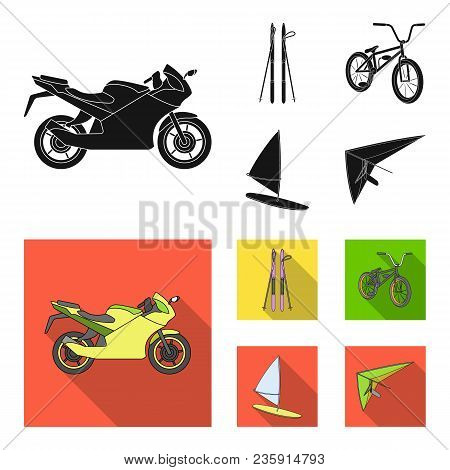 Motorcycle, Mountain Skiing, Biking, Surfing With A Sail.extreme Sport Set Collection Icons In Black