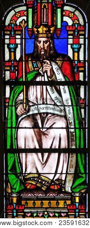 PARIS, FRANCE - JANUARY 09: King Manasseh, stained glass window from Saint Germain-l'Auxerrois church in Paris, France on January 09, 2018.
