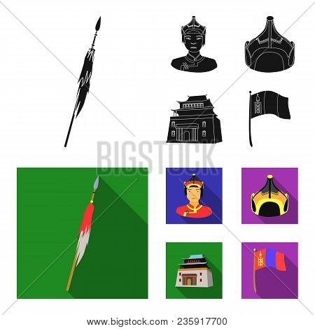 Military Spear, Mongolian Warrior, Helmet, Building.mongolia Set Collection Icons In Black, Flat Sty