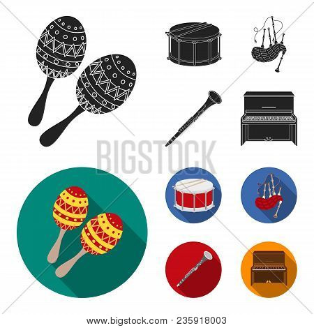 Maracas, Drum, Scottish Bagpipes, Clarinet. Musical Instruments Set Collection Icons In Black, Flat 