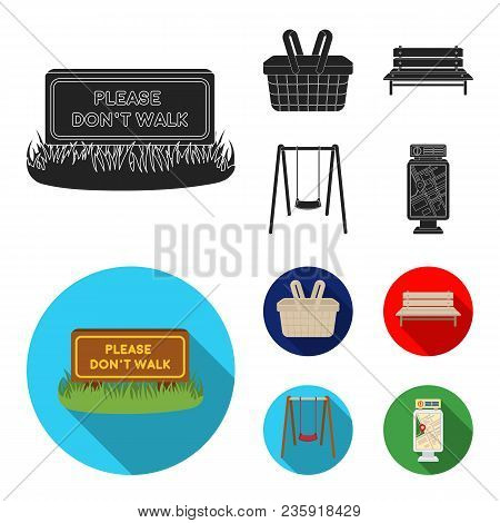 Lawn With A Sign, A Basket With Food, A Bench, A Swing. Park Set Collection Icons In Black, Flat Sty