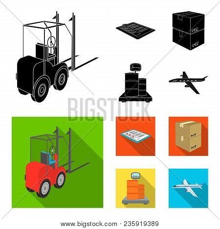 Forklift, Delivery Slips, Packaged Goods, Cargo On Weighing Scales. Logistics And Delivery Set Colle