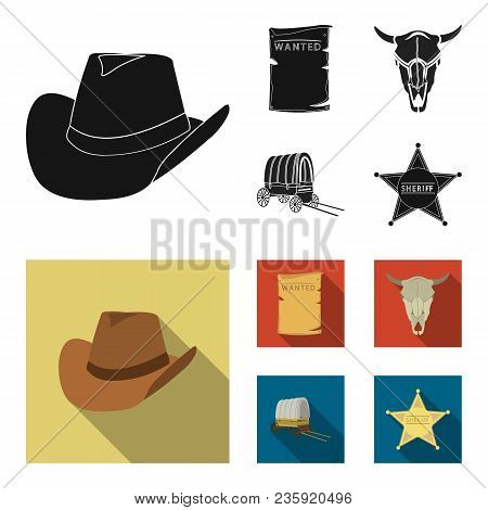 Cowboy Hat, Is Searched, Cart, Bull Skull. Wild West Set Collection Icons In Black, Flat Style Vecto