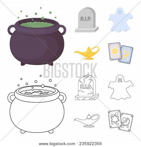 A Witch Cauldron, A Tombstone, A Ghost, A Gin Lamp.black And White Magic Set Collection Icons In Car