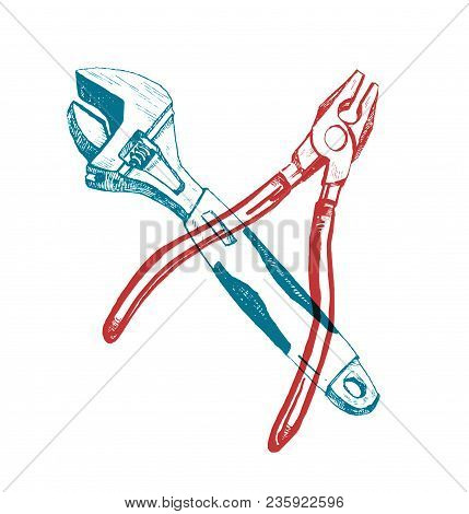 Hand Drawn Ink Illustration With Adjustable Wrench And Pilers. Red And Blue On White Background