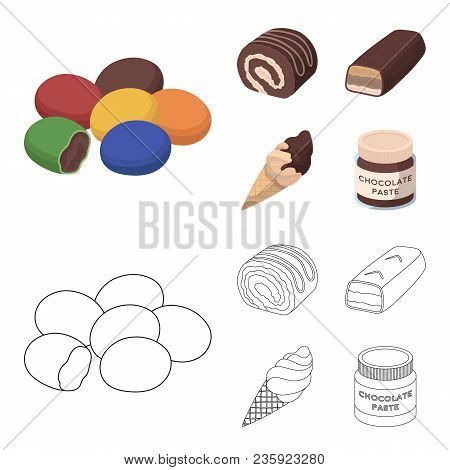 Dragee, Roll, Chocolate Bar, Ice Cream. Chocolate Desserts Set Collection Icons In Cartoon, Outline 