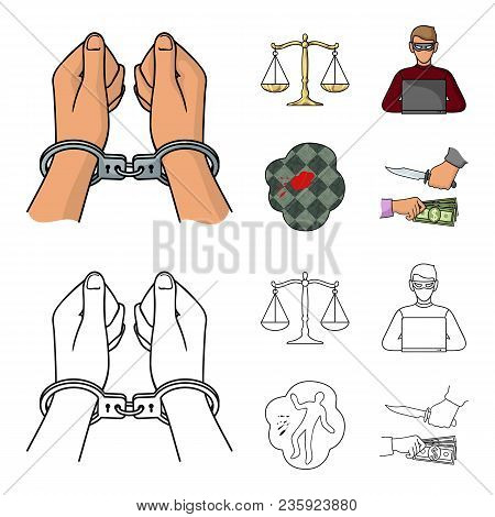 Handcuffs, Scales Of Justice, Hacker, Crime Scene.crime Set Collection Icons In Cartoon, Outline Sty