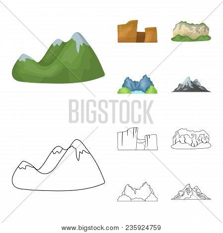 Green Mountains With Snow Tops, A Canyon, Rocks With Forests, A Lagoon And Rocks. Different Mountain