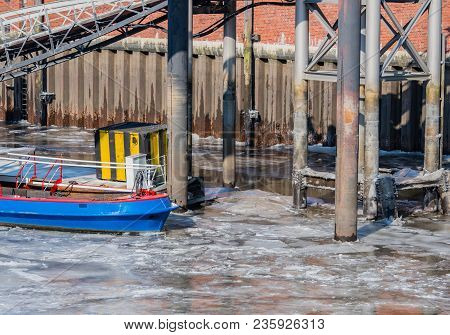 Barges Boats Lie Iceboundly In The Memory Town With The Hamburg Harbor