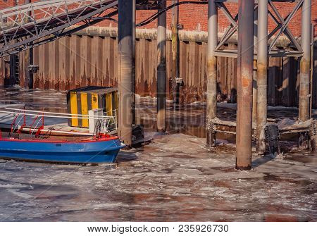 Barges Boats Lie Iceboundly In The Memory Town With The Hamburg Harbor