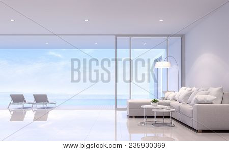 Pool Villa Living Room 3d Render. There Are White Room. Furnished With Beige Fabric Sofa .there Are 
