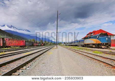 Passenger Train From Prince Rupert To Prince George Stands On The Station For Changing Locomotive Cr