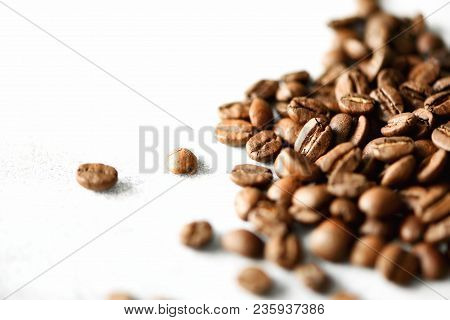 Coffee Beans On Light Wooden Background With Copyspace For Text. Coffee Background, Food Frame, Text