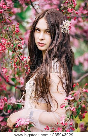 Portrait Of Beautiful Brunette Woman In A Beige Boudoir Lace Wedding Dress, Decoration For Long Hair
