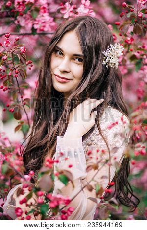 Beautiful Cute Girl Bride In Boudoir Lace Transparent Dress, With Decoration On The Hair, Smiling, L