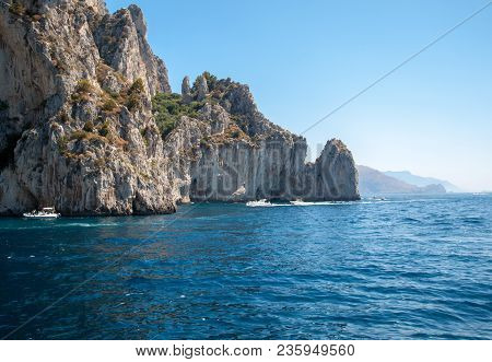Capri, Italy - June 13, 2017: Boats With Tourists Near Grotta Bianca And Grotta Meravigliosa, Capri,
