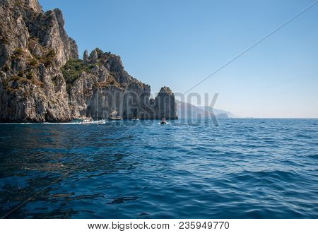Capri, Italy - June 13, 2017: Boats With Tourists Near Grotta Bianca And Grotta Meravigliosa, Capri,