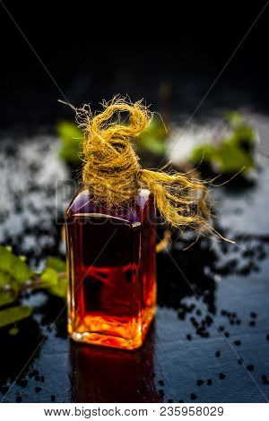 Close Up Of Kalonji, Roman Coriander, Mint Leaves, And Powder Of Kalonji With Its Extracted Oil For