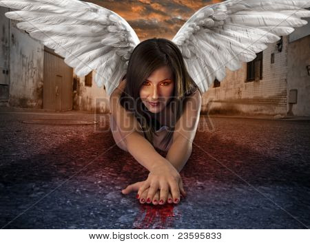 apocalyptic female angel lying in the deserted street with bloody hands under criptic orange sky