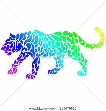 Silhouette Of A Panther In A Tattoo Style. Rainbow Colors In White Background. Creative Colourful Wi