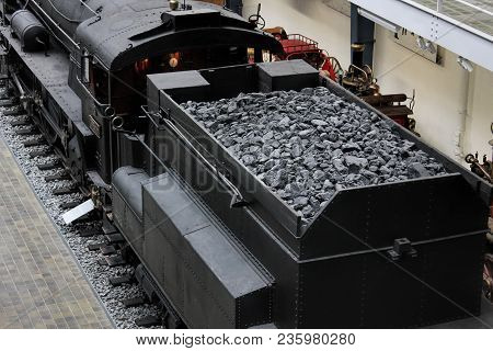 Prague, Czech Republic - September 23, 2017: Steam Locomotive With Coal In National Technical Museum
