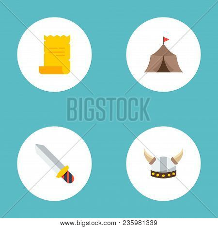 Set Of Game Icons Flat Style Symbols With Barbarian, Sword, Medieval Barracks And Other Icons For Yo