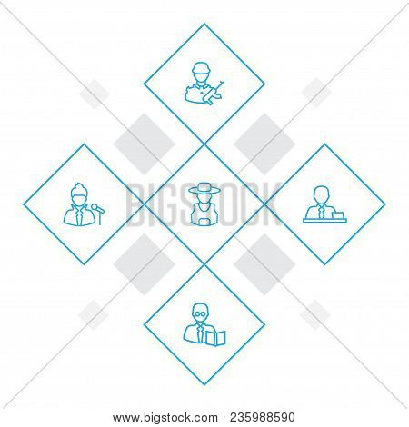 Set Of 5 Job Icons Line Style Set. Collection Of Leaner, Rancher, Vocalist And Other Elements.