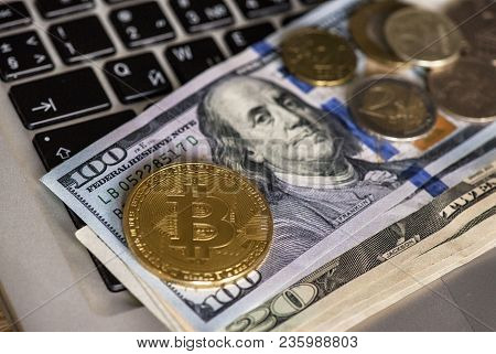 Golden Bitcoin On A Dollar Bills, Concept,сrypto Currency