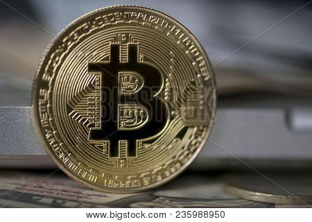 Golden Bitcoin On A Dollar Bills, Concept,сrypto Currency