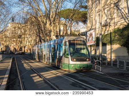 Rome, Italy - March 17, 2018: Modern Tram Near The Biopark In The City Of Rome