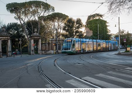 Rome, Italy - March 17, 2018: Modern Tram Near The Biopark In The City Of Rome