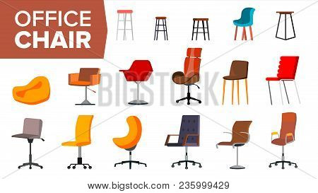 Chair Set Vector. Office Creative Modern Desk Chairs. Interior Seat Design Element. Isolated Furnitu