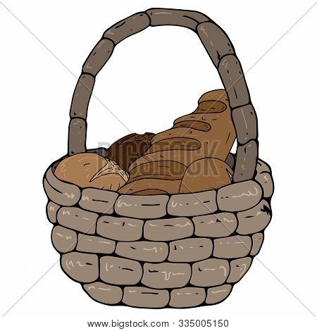 Basket With Bread Icon. Vector Illustration Of Bread In A Wicker Basket. Hand Drawn Basket With Brea