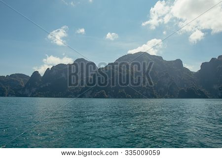 Tropical Thai Jungle Lake Cheo Lan, Wild Mountains Nature National Park Ship Yacht Rocks