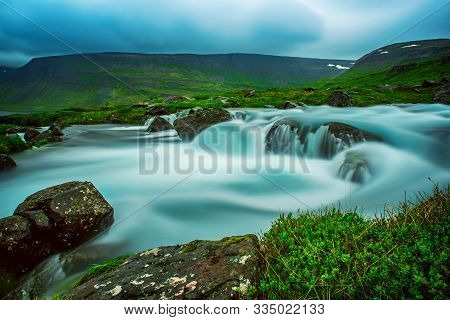 Part Of Dynjandi, Fjallfoss, Waterfall, Iceland. Long Exposure. Icelandic Summer Landscape.
