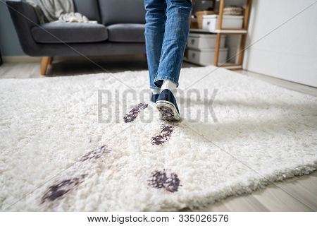 Elevated View Of Person Walking With Muddy Footprint On Carpet