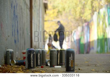 Kharkov, Ukraine - October 19, 2019: Used Spray Cans For Graffiti Painting By Many Paint Brands Outd