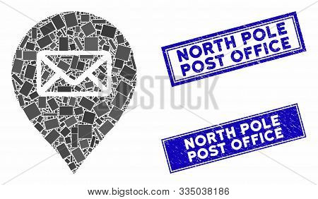 Mosaic Post Office Marker Pictogram And Rectangle Rubber Prints. Flat Vector Post Office Marker Mosa
