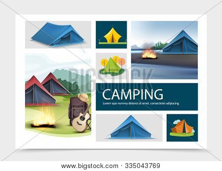 Camping Elements Composition With Realistic And Flat Tents Guitar Pith Hat Campfire Backpack Nature 