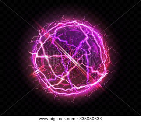 Electric Ball Or Plasma Sphere With Lens Flare, Realistic Vector Illustration. Abstractt Ball Lightn