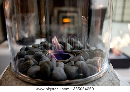 Bioethanol Fueled Portable Fireplace Burning At Home, For Live Fire At Home, No Chimney And Mantelpi